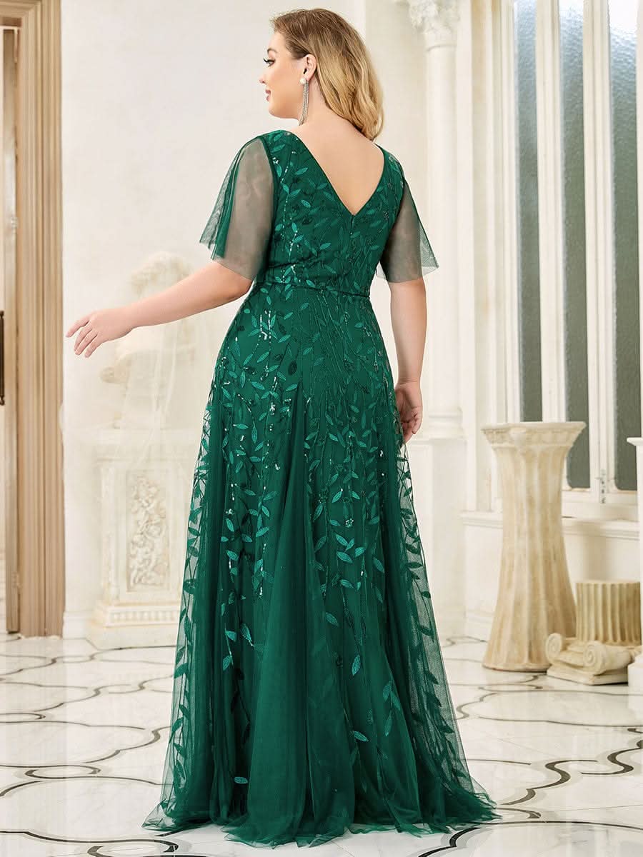 Color=Dark Green | Plus Size Romantisch Schimmernde Rueschenaermel V-Ausschnitt Lange Abendkleider-Dark Green 2