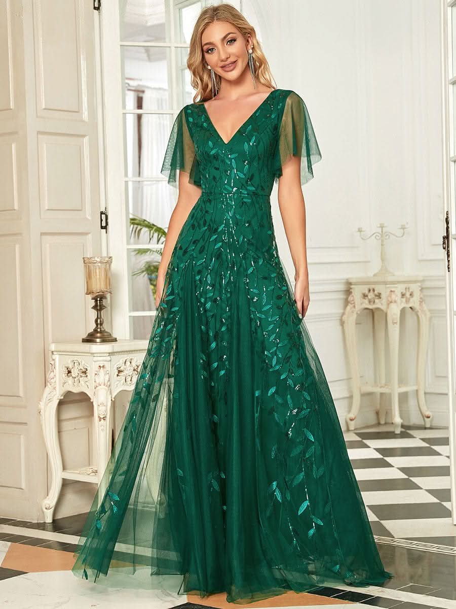 Robe D'invité De Mariage En Mousseline De Soie Mi-Longue Plissée à Manches à Volants Et Col En V  #farbe_Dark Green
