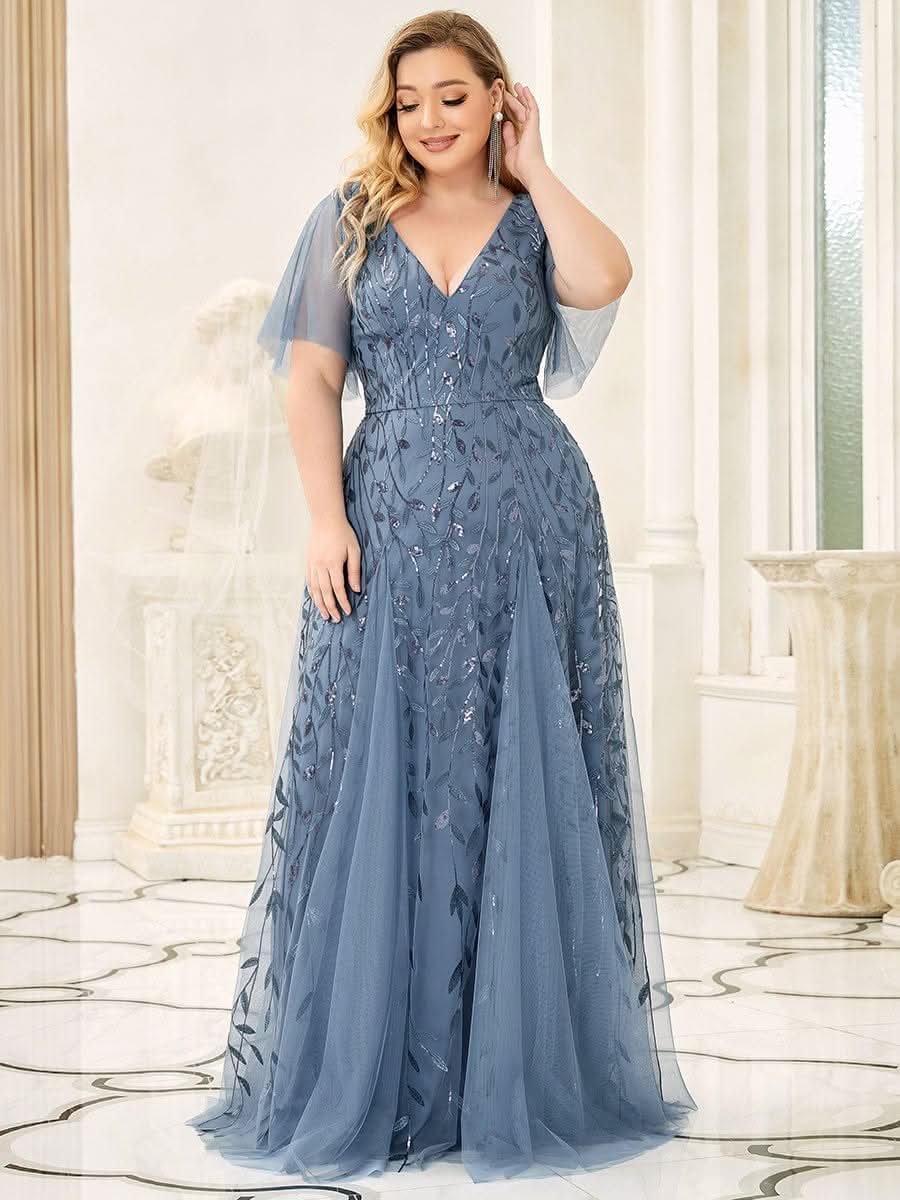 Color=Dusty Navy | Plus Size Romantisch Schimmernde Rueschenaermel V-Ausschnitt Lange Abendkleider-Dusty Navy 1