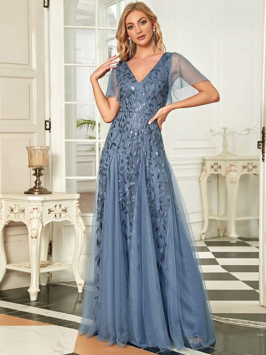 Robe D'invité De Mariage En Mousseline De Soie Mi-Longue Plissée à Manches à Volants Et Col En V  #farbe_Dusty Navy