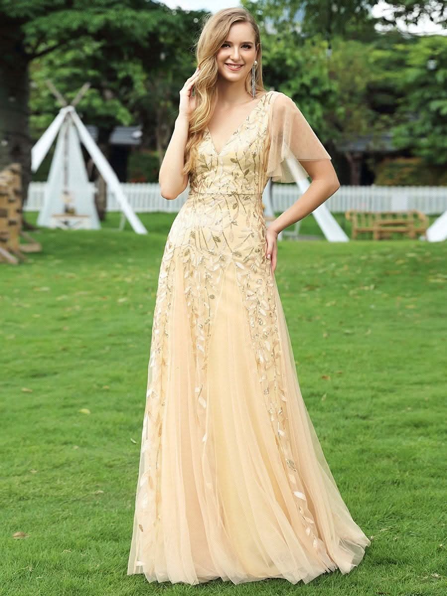 Robe D'invité De Mariage En Mousseline De Soie Mi-Longue Plissée à Manches à Volants Et Col En V  #farbe_Gold