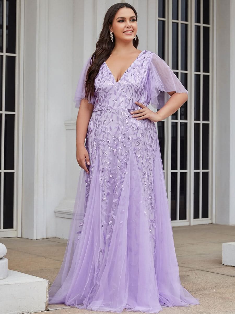 Robe D'invité De Mariage En Mousseline De Soie Mi-Longue Plissée à Manches à Volants Et Col En V  #farbe_Violett