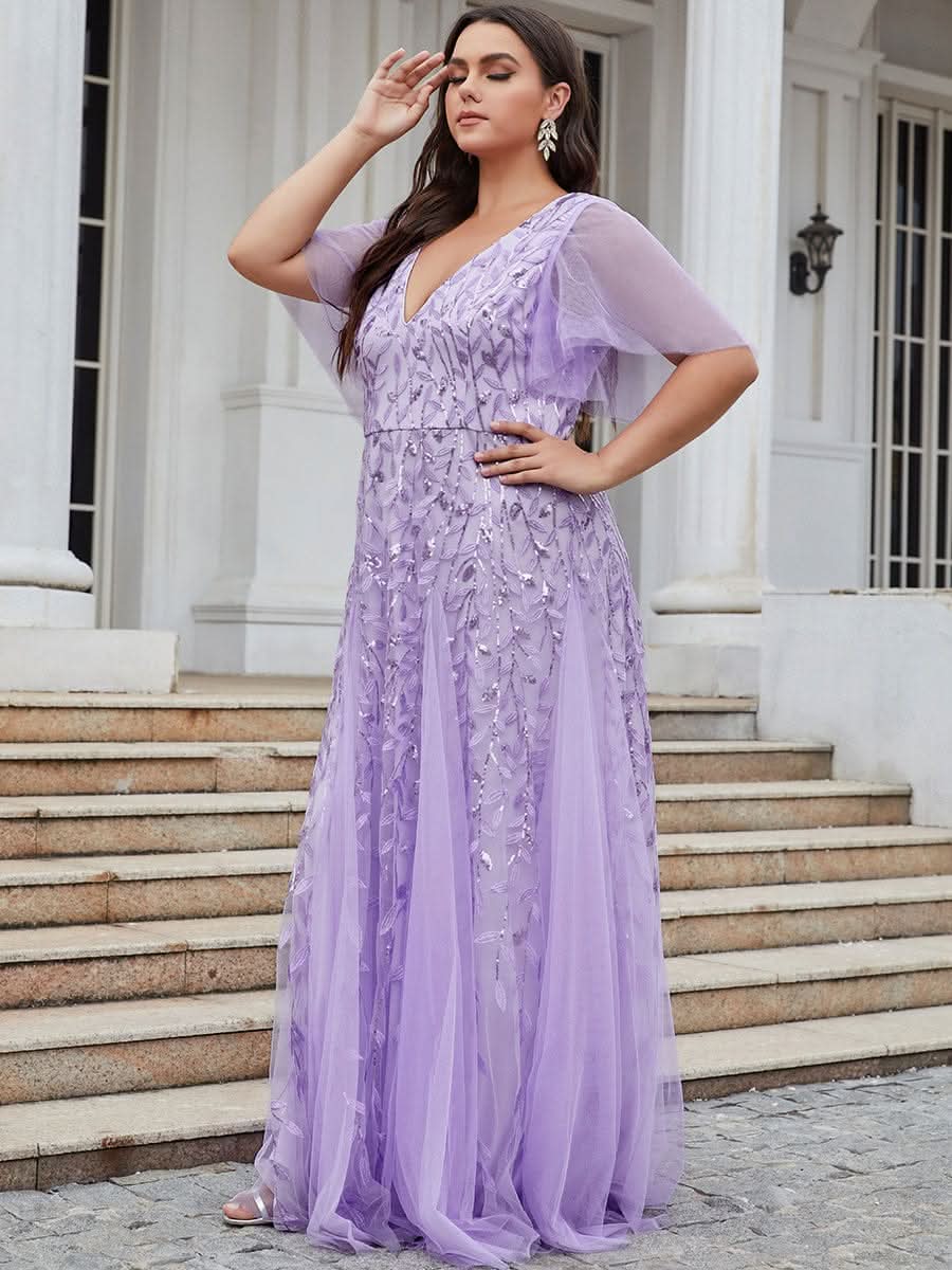 Color=Violett | Plus Size Romantisch Schimmernde Rueschenaermel V-Ausschnitt Lange Abendkleider-Violett 3