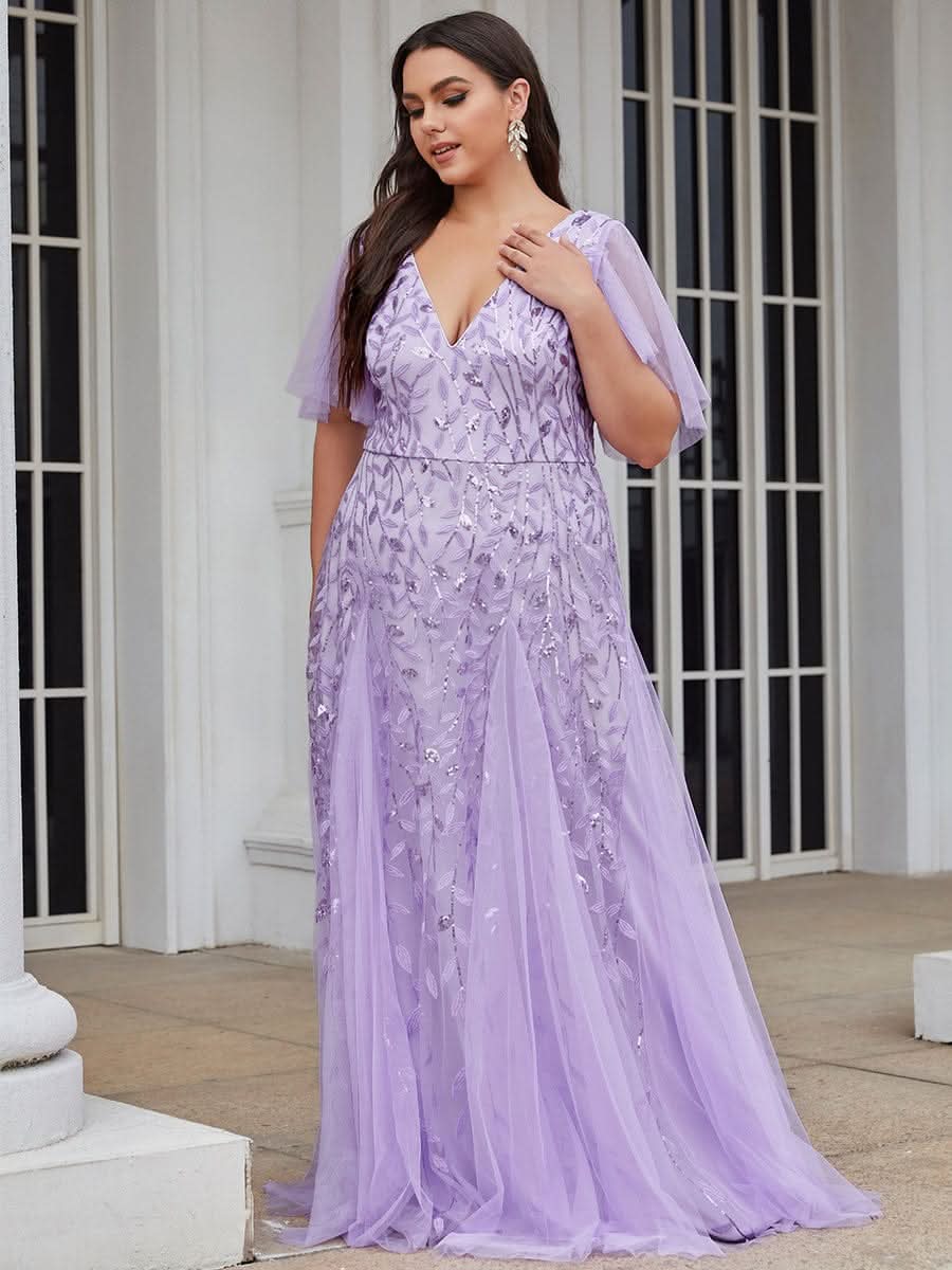 Color=Violett | Plus Size Romantisch Schimmernde Rueschenaermel V-Ausschnitt Lange Abendkleider-Violett 4