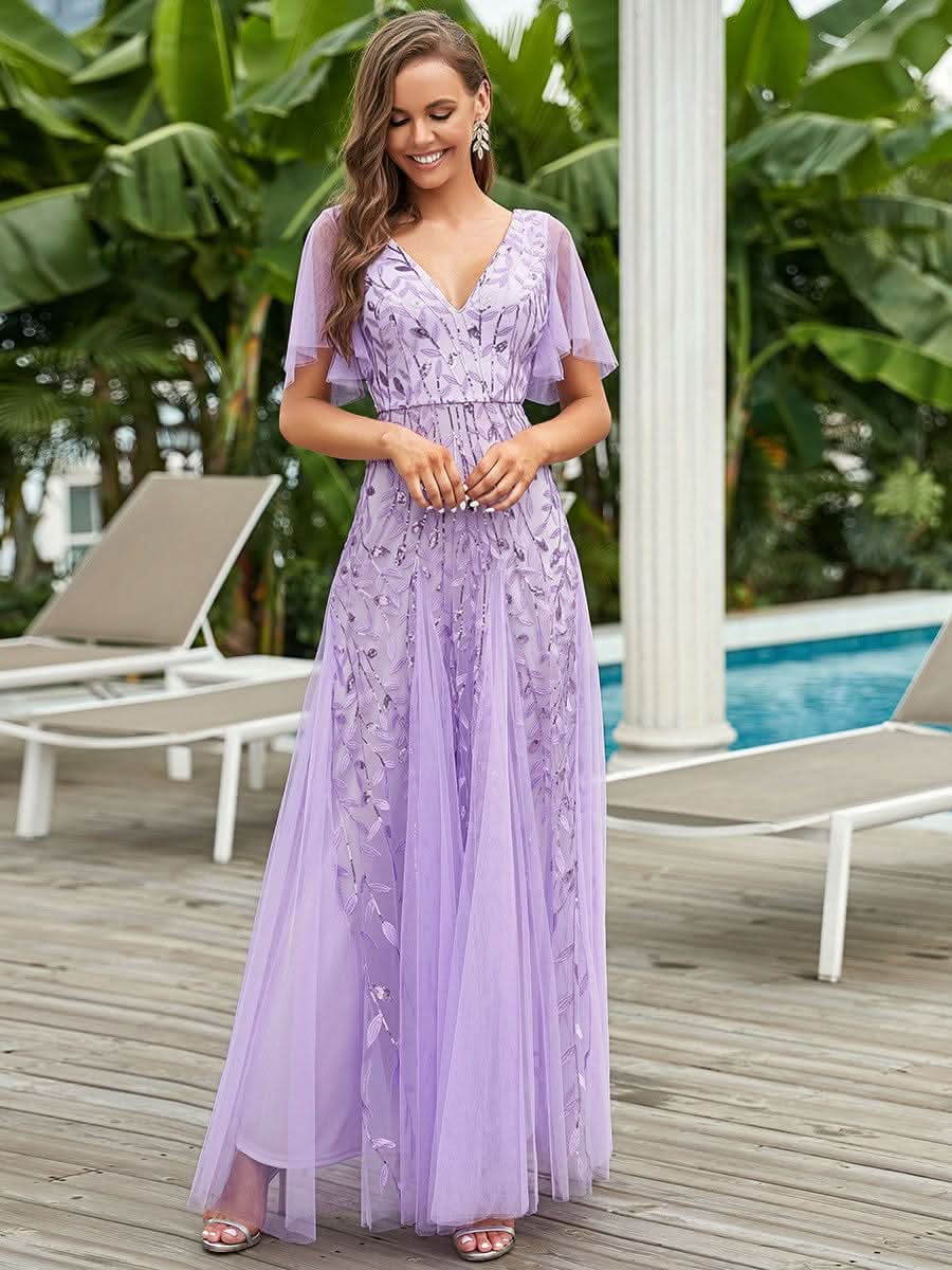 Robe D'invité De Mariage En Mousseline De Soie Mi-Longue Plissée à Manches à Volants Et Col En V #farbe_Violett