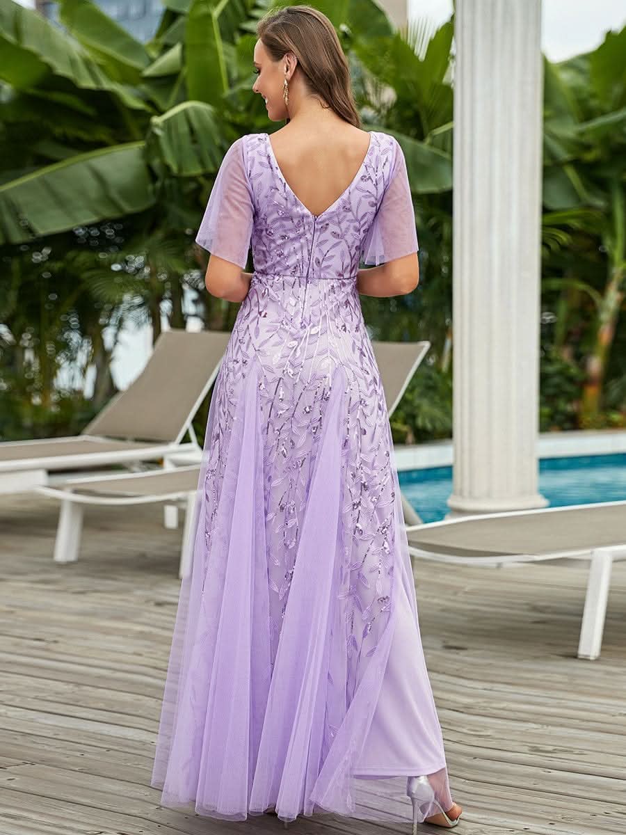 Robe D'invité De Mariage En Mousseline De Soie Mi-Longue Plissée à Manches à Volants Et Col En V  #farbe_Violett