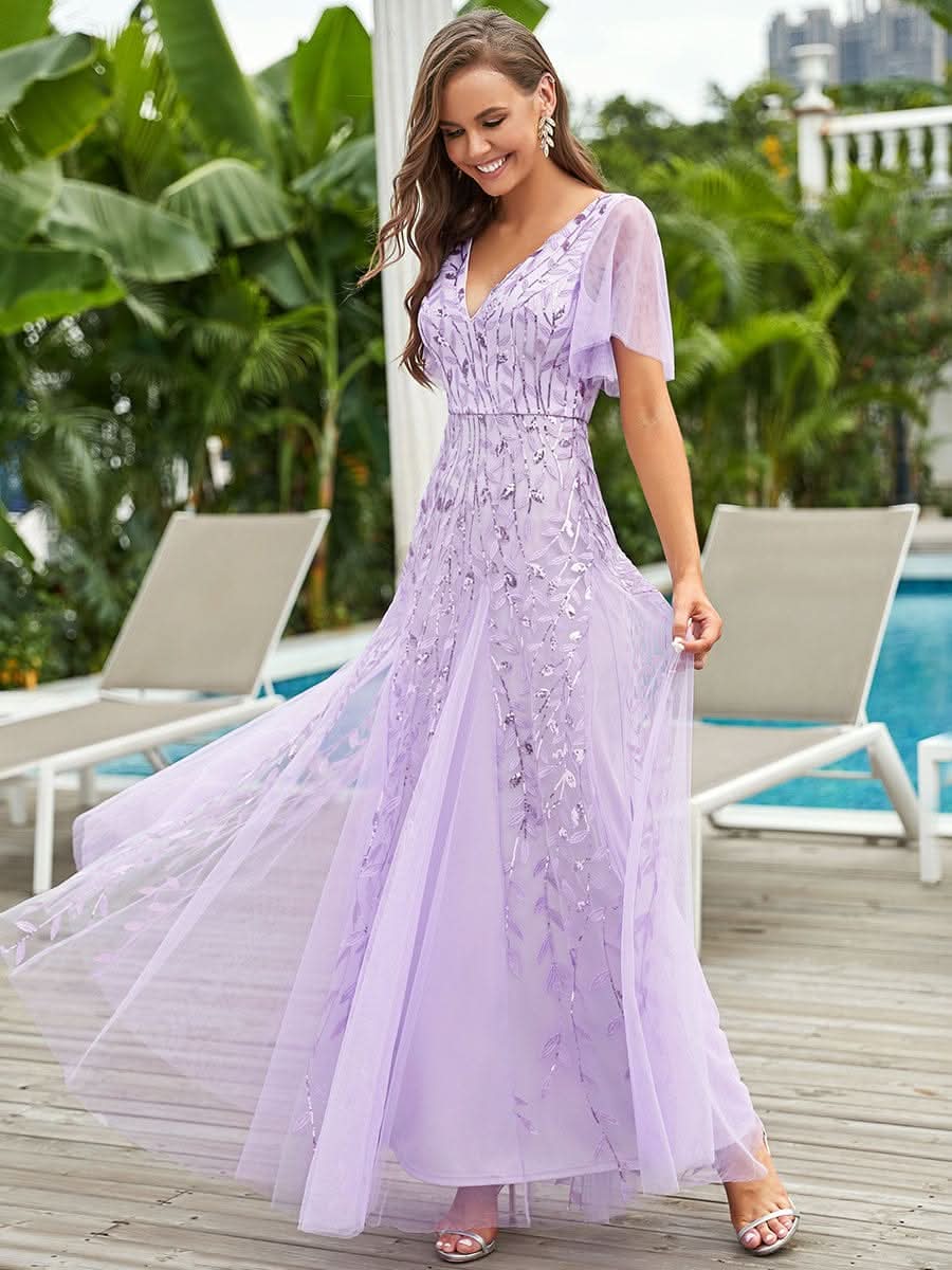 Robe D'invité De Mariage En Mousseline De Soie Mi-Longue Plissée à Manches à Volants Et Col En V  #farbe_Violett