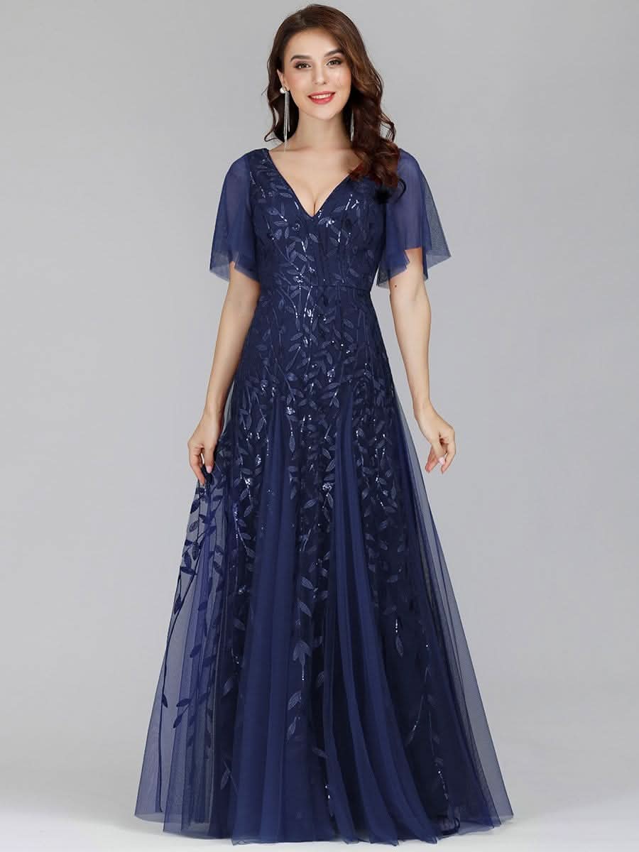 Robe D'invité De Mariage En Mousseline De Soie Mi-Longue Plissée à Manches à Volants Et Col En V  #farbe_Navy Blau