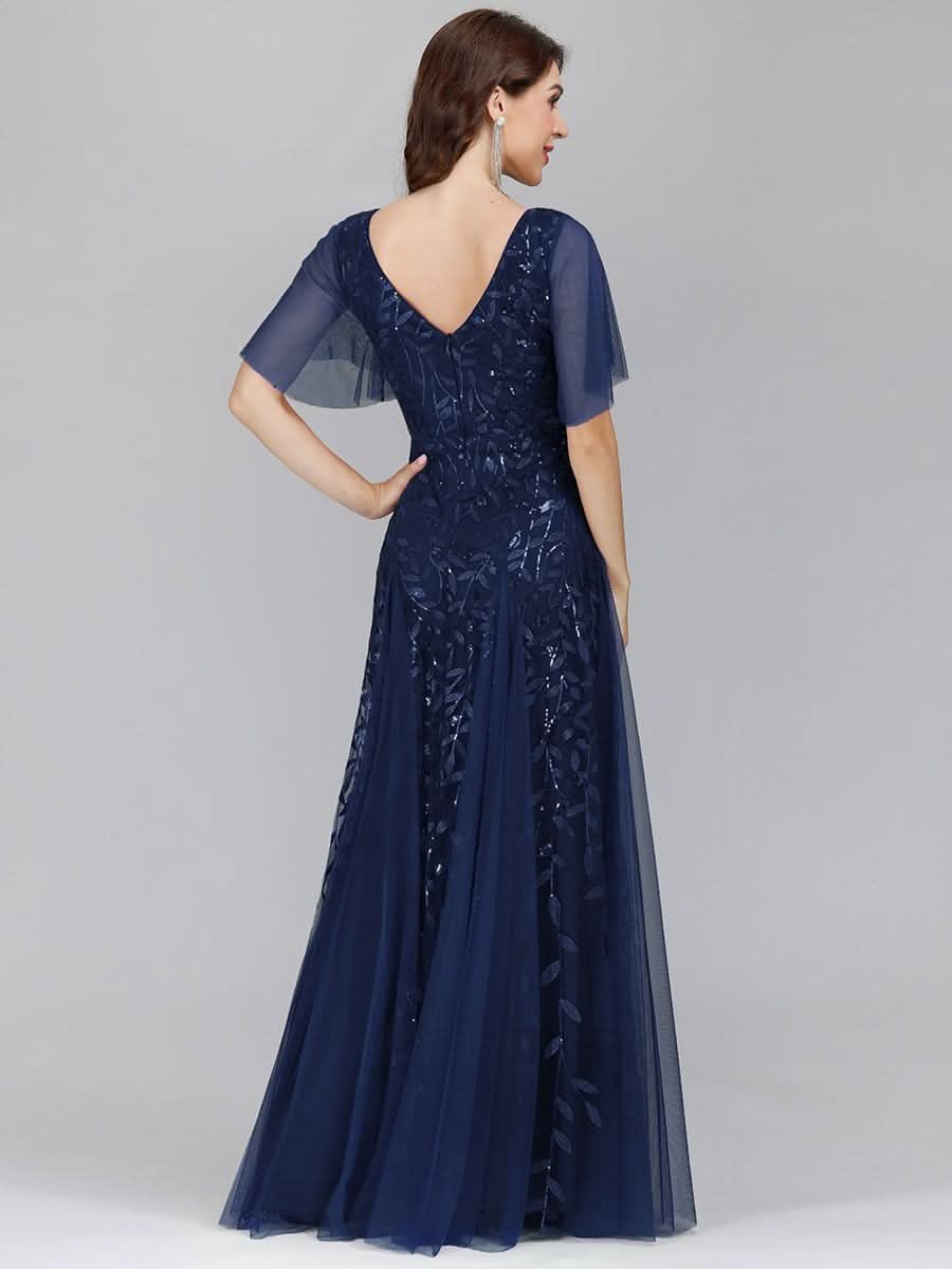 Robe D'invité De Mariage En Mousseline De Soie Mi-Longue Plissée à Manches à Volants Et Col En V #farbe_Navy Blau