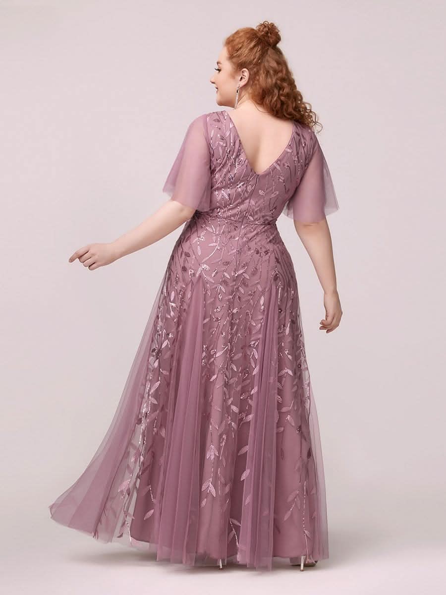 Color=Orchid | Plus Size Romantisch Schimmernde Rueschenaermel V-Ausschnitt Lange Abendkleider-Orchid 3