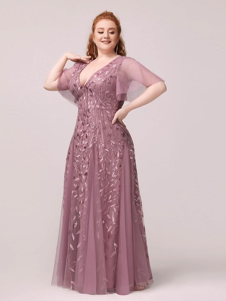 Color=Orchid | Plus Size Romantisch Schimmernde Rueschenaermel V-Ausschnitt Lange Abendkleider-Orchid 1