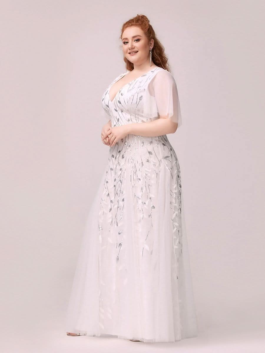 Color=Weiss | Plus Size Romantisch Schimmernde Rueschenaermel V-Ausschnitt Lange Abendkleider-Weiss3