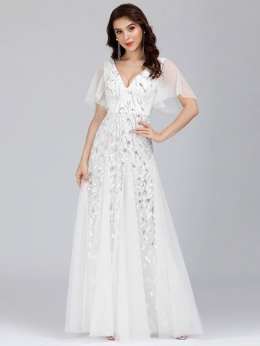 Robe D'invité De Mariage En Mousseline De Soie Mi-Longue Plissée à Manches à Volants Et Col En V  #farbe_Weiss