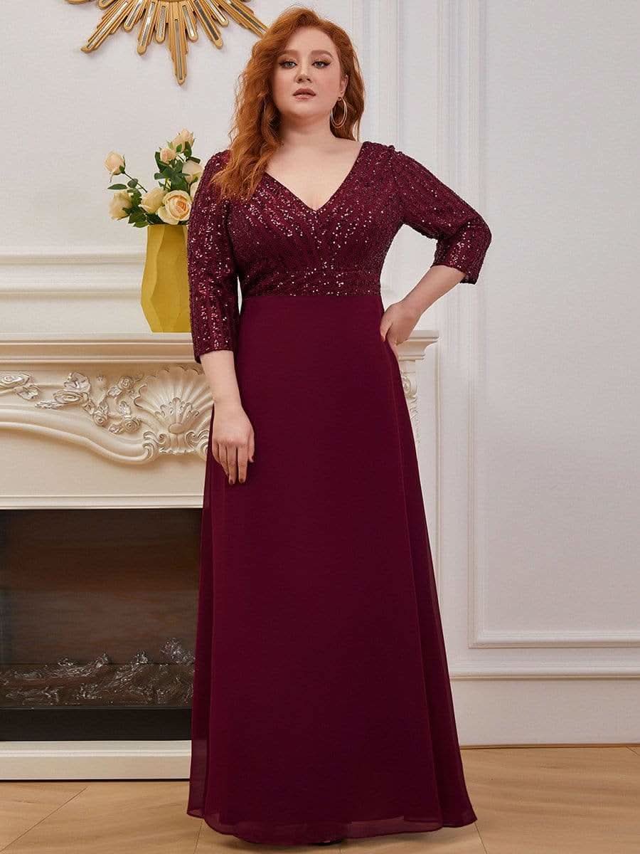 Color=Burgundy | Sexy V-Ausschnitt A-Linie Pailletten Abendkleid-Burgundy 5
