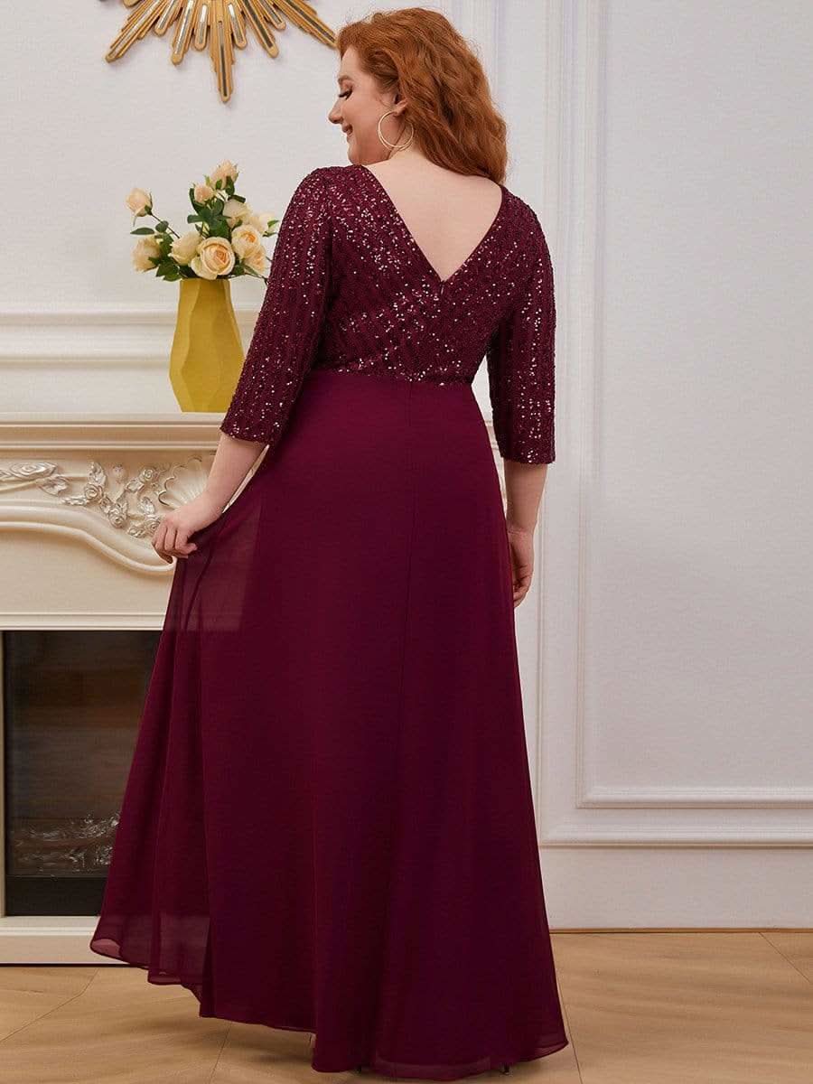 Color=Burgundy | Sexy V-Ausschnitt A-Linie Pailletten Abendkleid-Burgundy 6