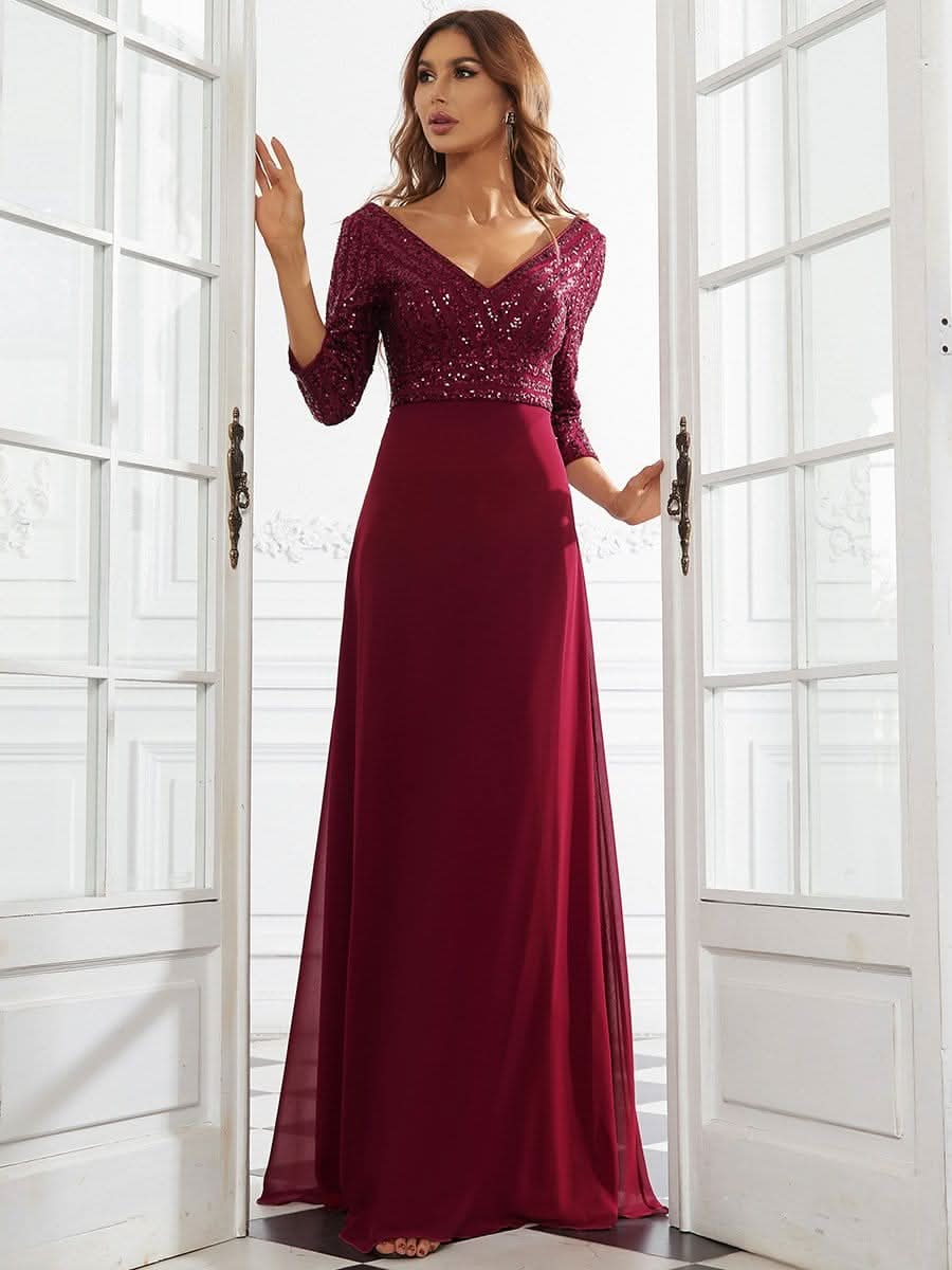 Color=Burgundy | Sexy V-Ausschnitt A-Linie Pailletten Abendkleid-Burgundy 1