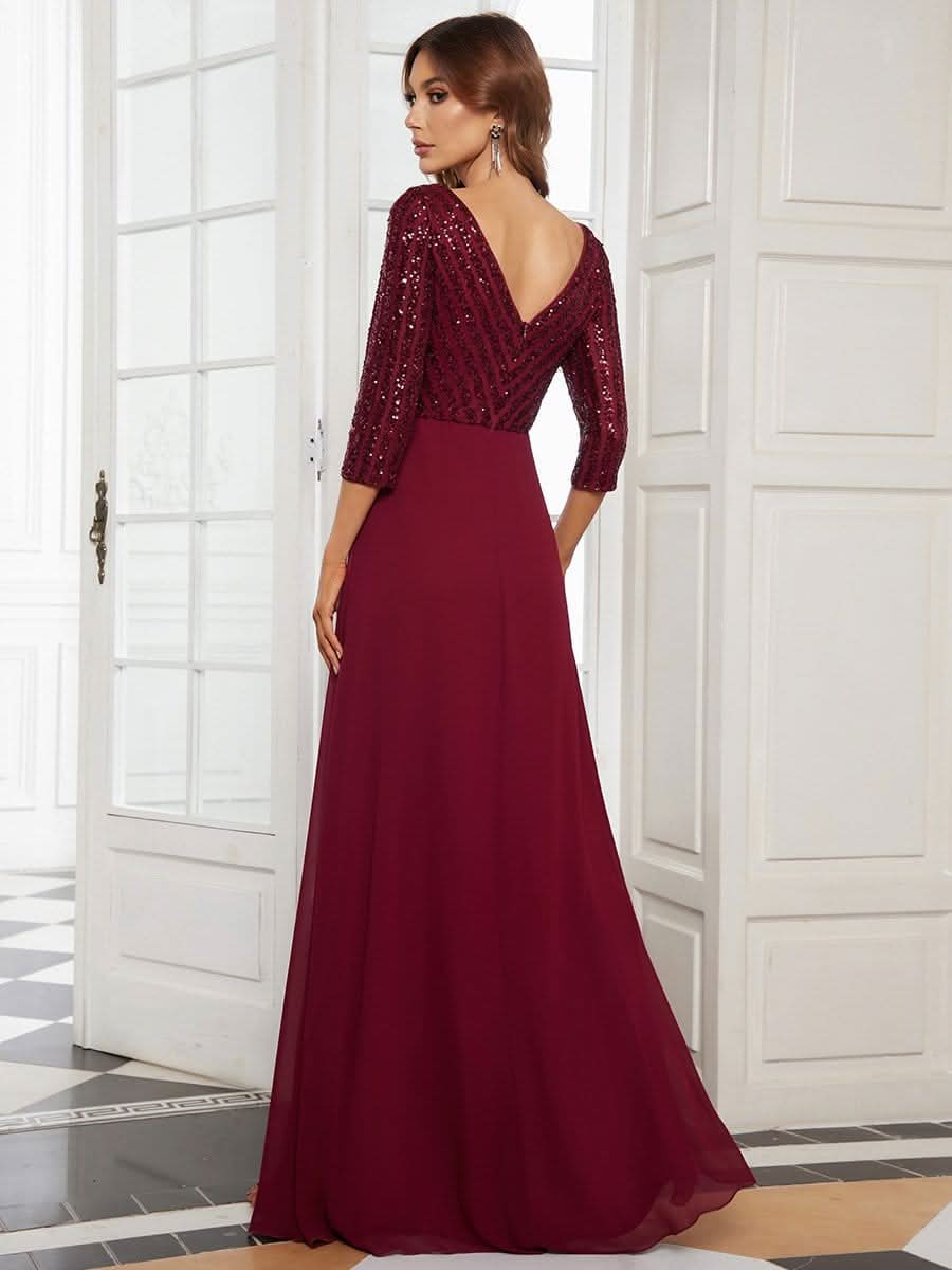 Color=Burgundy | Sexy V-Ausschnitt A-Linie Pailletten Abendkleid-Burgundy 2