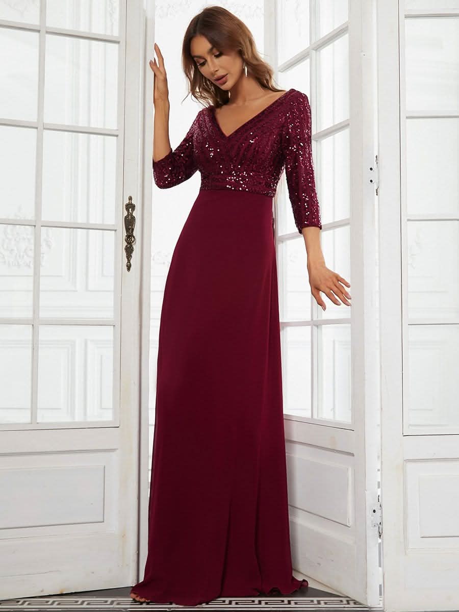 Color=Burgundy | Sexy V-Ausschnitt A-Linie Pailletten Abendkleid-Burgundy 4