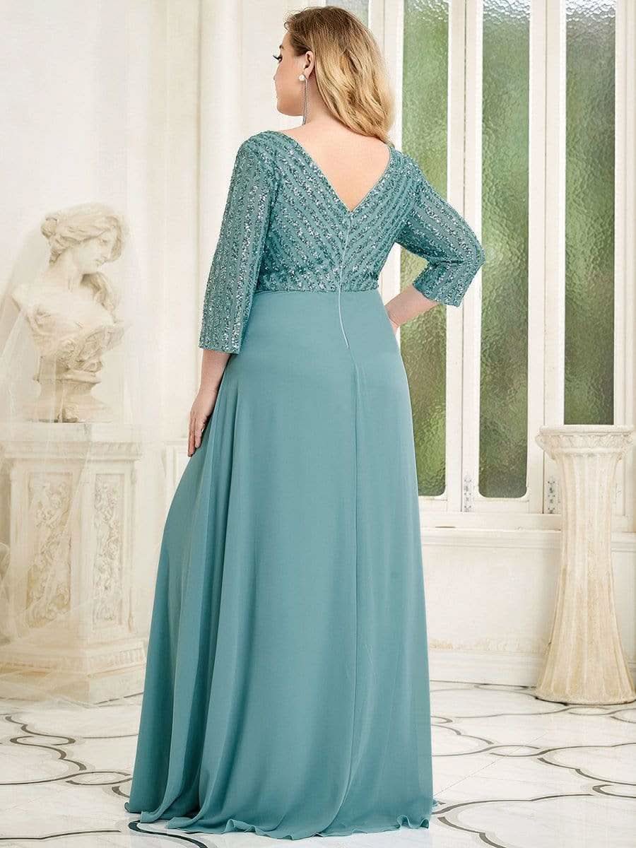 Color=Dusty Blau | Plus Size Sexy V-Ausschnitt A-Linie Pailletten Abendkleid-Dusty Blau 2