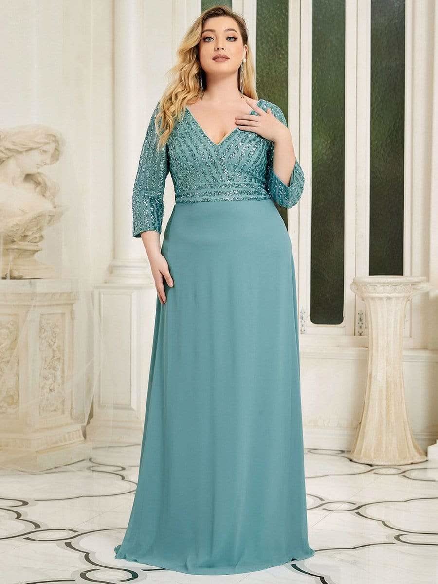 Color=Dusty Blau | Plus Size Sexy V-Ausschnitt A-Linie Pailletten Abendkleid-Dusty Blau 3