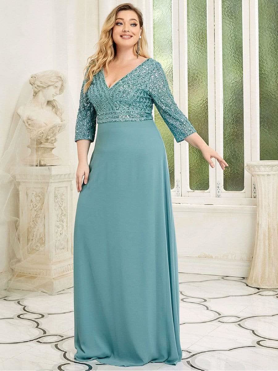 Color=Dusty Blau | Plus Size Sexy V-Ausschnitt A-Linie Pailletten Abendkleid-Dusty Blau 4