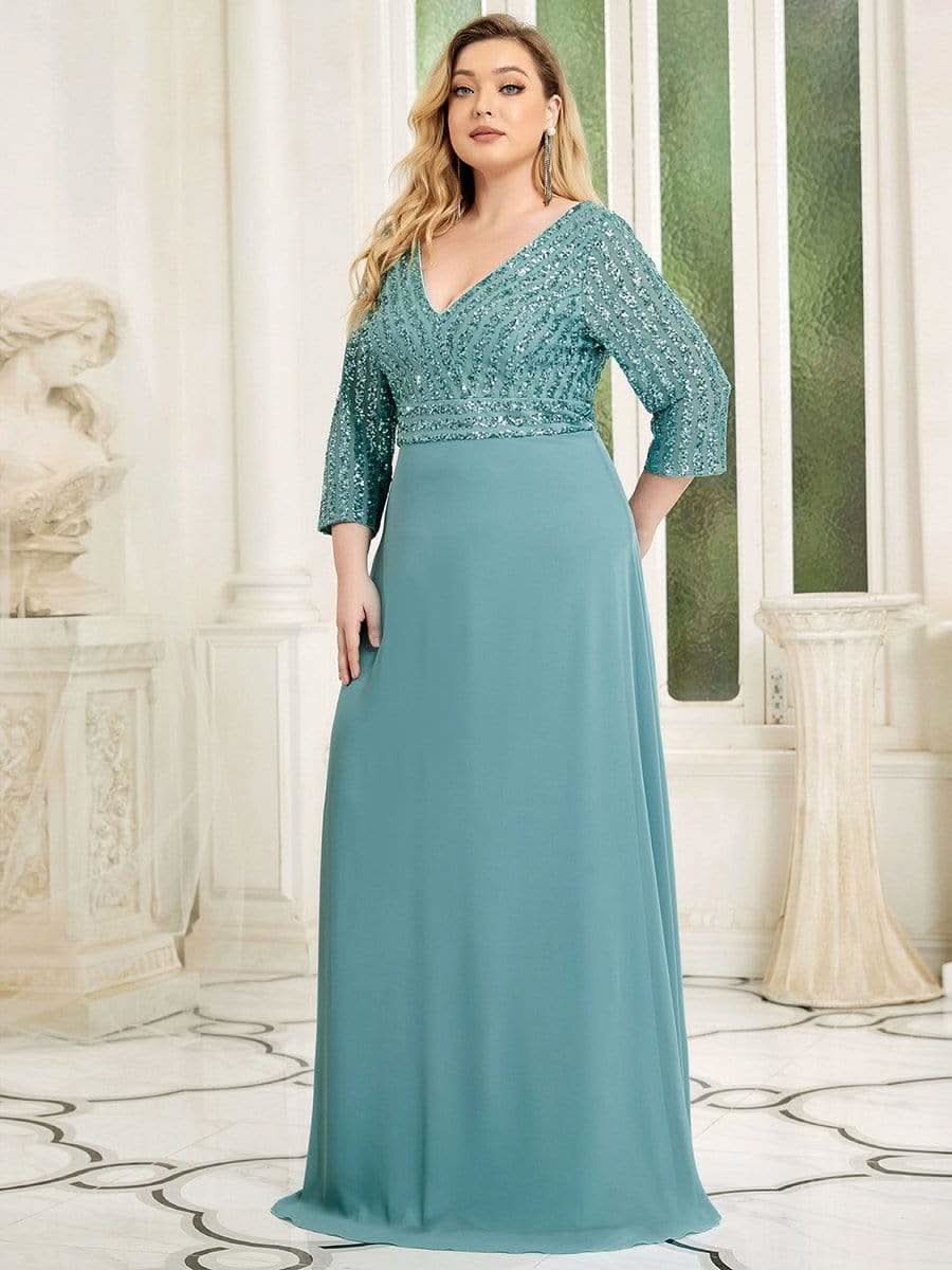 Color=Dusty Blau | Plus Size Sexy V-Ausschnitt A-Linie Pailletten Abendkleid-Dusty Blau 1