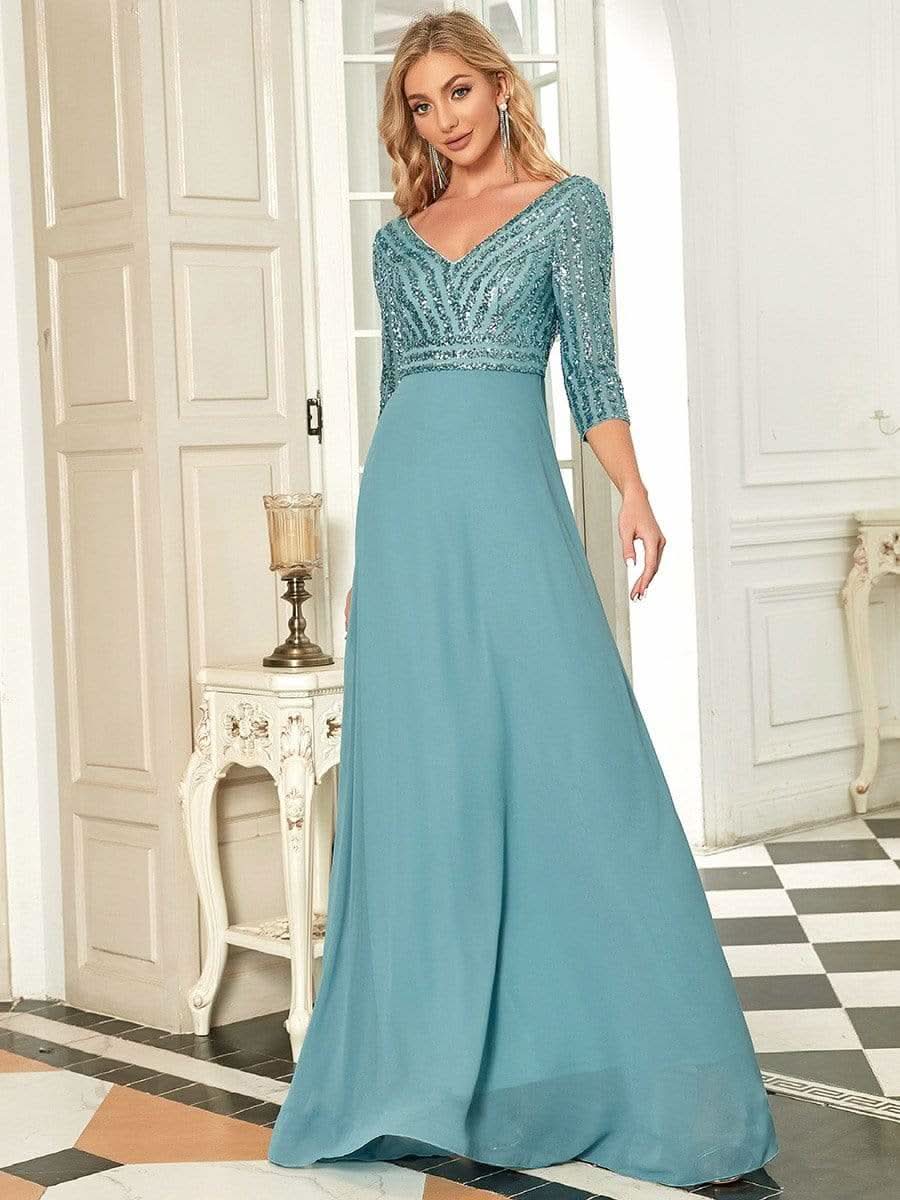 Color=Dusty Blau | Sexy V-Ausschnitt A-Linie Pailletten Abendkleid-Dusty Blau 3