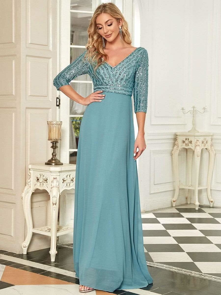 Color=Dusty Blau | Sexy V-Ausschnitt A-Linie Pailletten Abendkleid-Dusty Blau 4