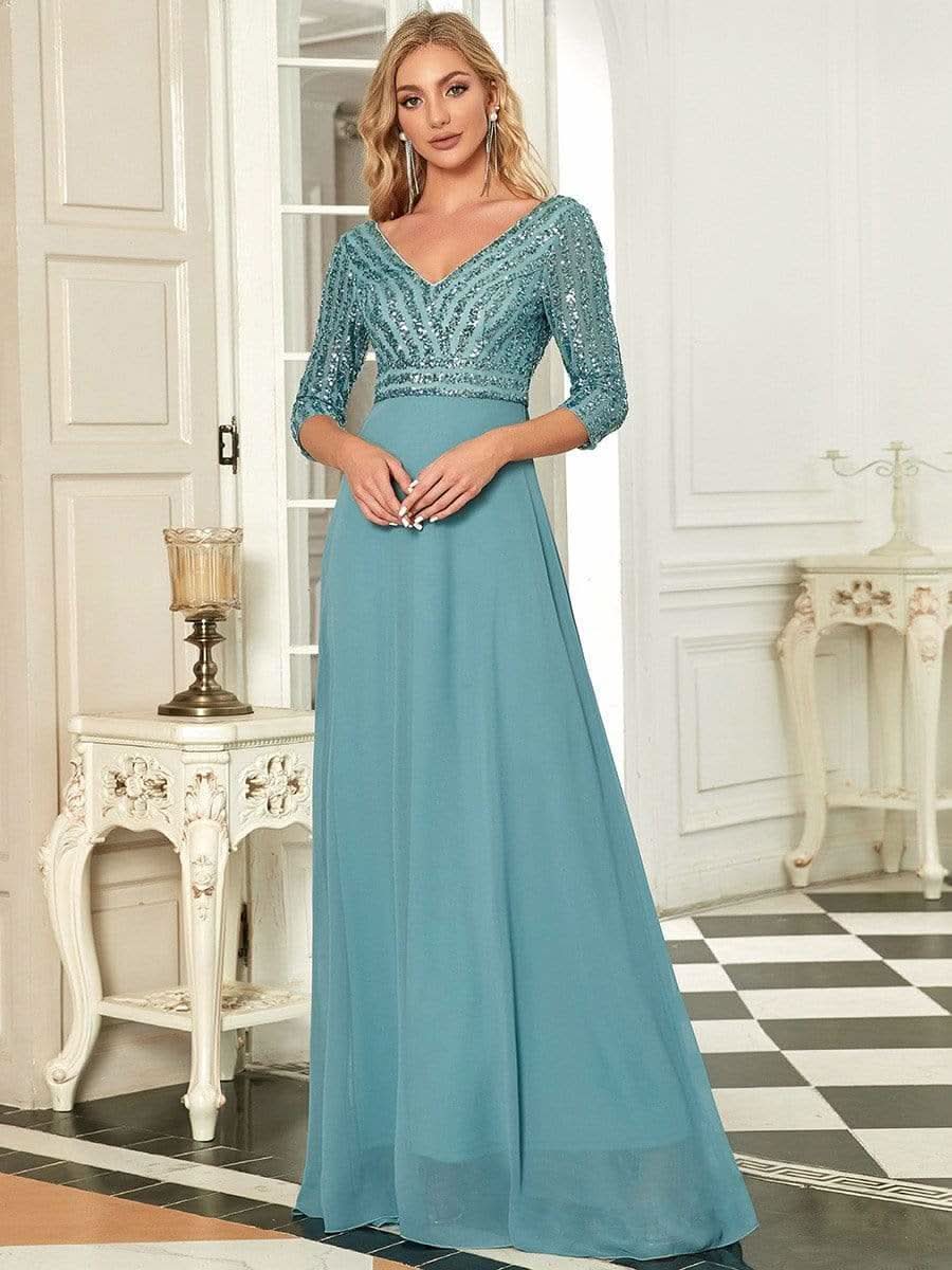 Color=Dusty Blau | Sexy V-Ausschnitt A-Linie Pailletten Abendkleid-Dusty Blau 1