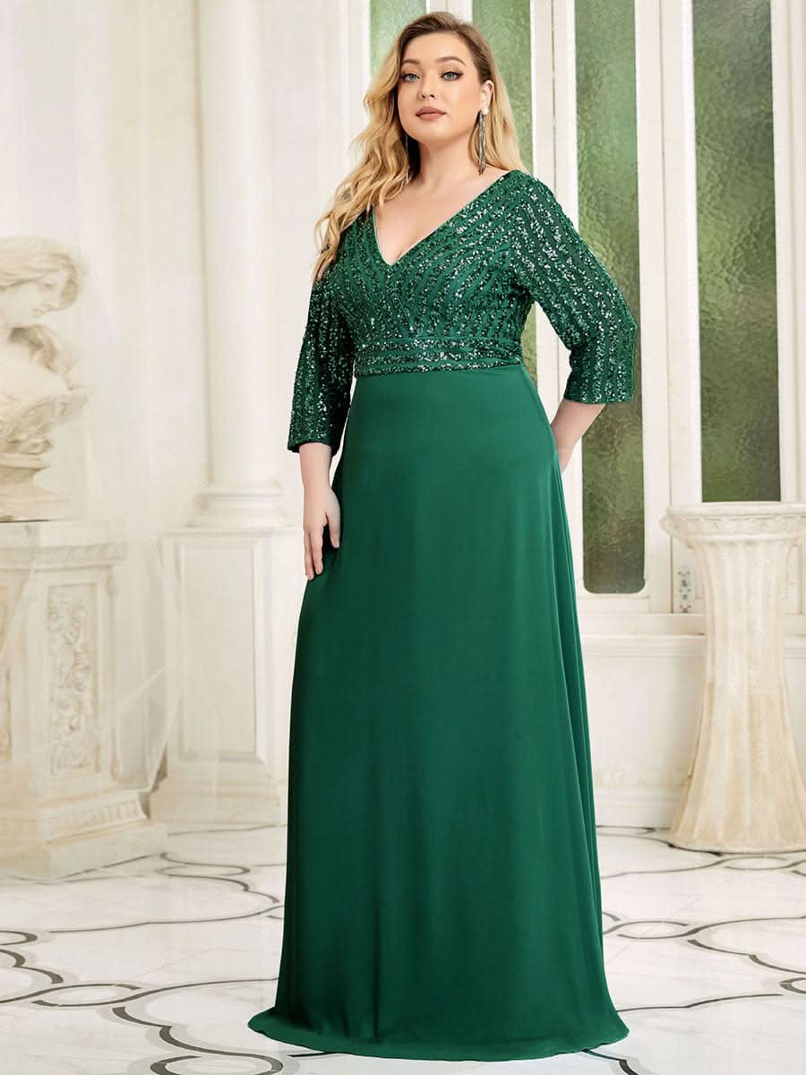 Color=Dunkel Gruen | Plus Size Sexy V-Ausschnitt A-Linie Pailletten Abendkleid-Dunkel Gruen 3