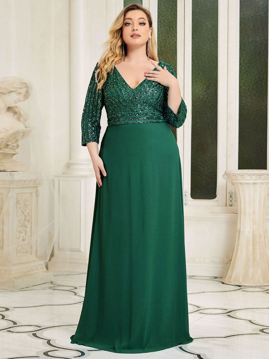 Color=Dunkel Gruen | Plus Size Sexy V-Ausschnitt A-Linie Pailletten Abendkleid-Dunkel Gruen 1