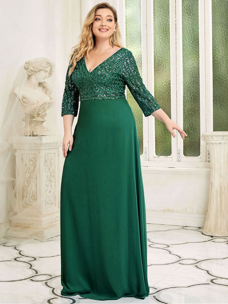 Color=Dunkel Gruen | Plus Size Sexy V-Ausschnitt A-Linie Pailletten Abendkleid-Dunkel Gruen 4