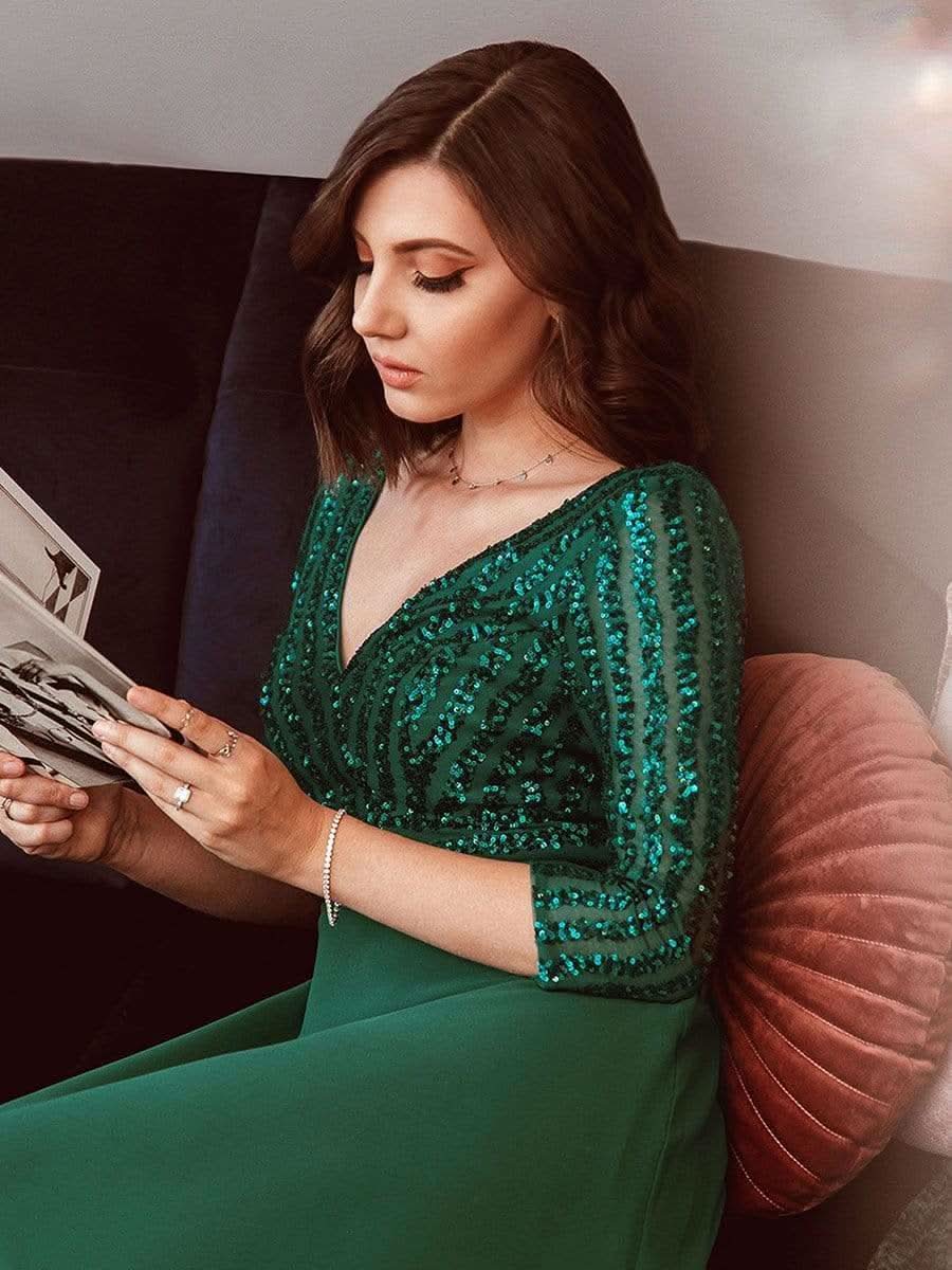 Color=Dunkel Gruen | Sexy V-Ausschnitt A-Linie Pailletten Abendkleid-Dunkel Gruen 3
