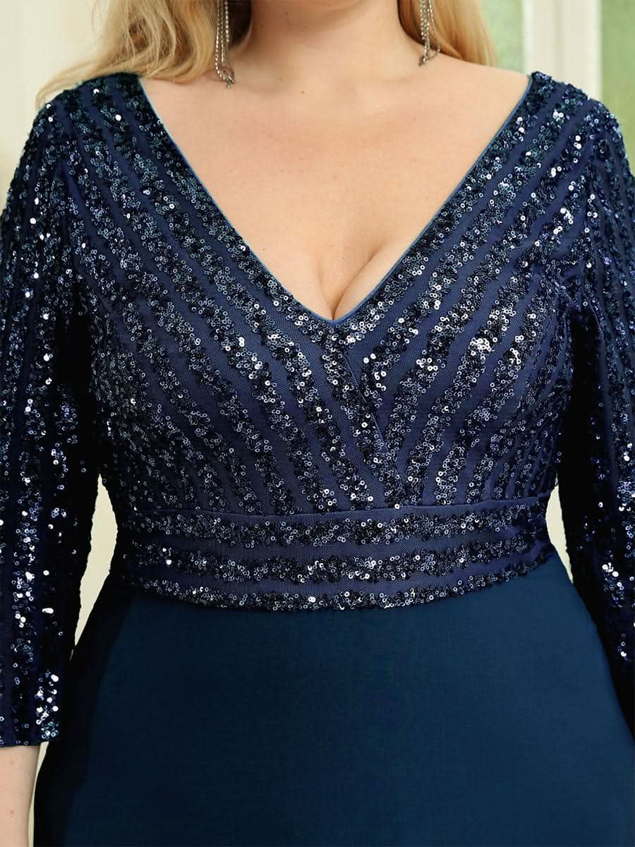 Color=Navy Blau | Plus Size Sexy V-Ausschnitt A-Linie Pailletten Abendkleid-Navy Blau 5