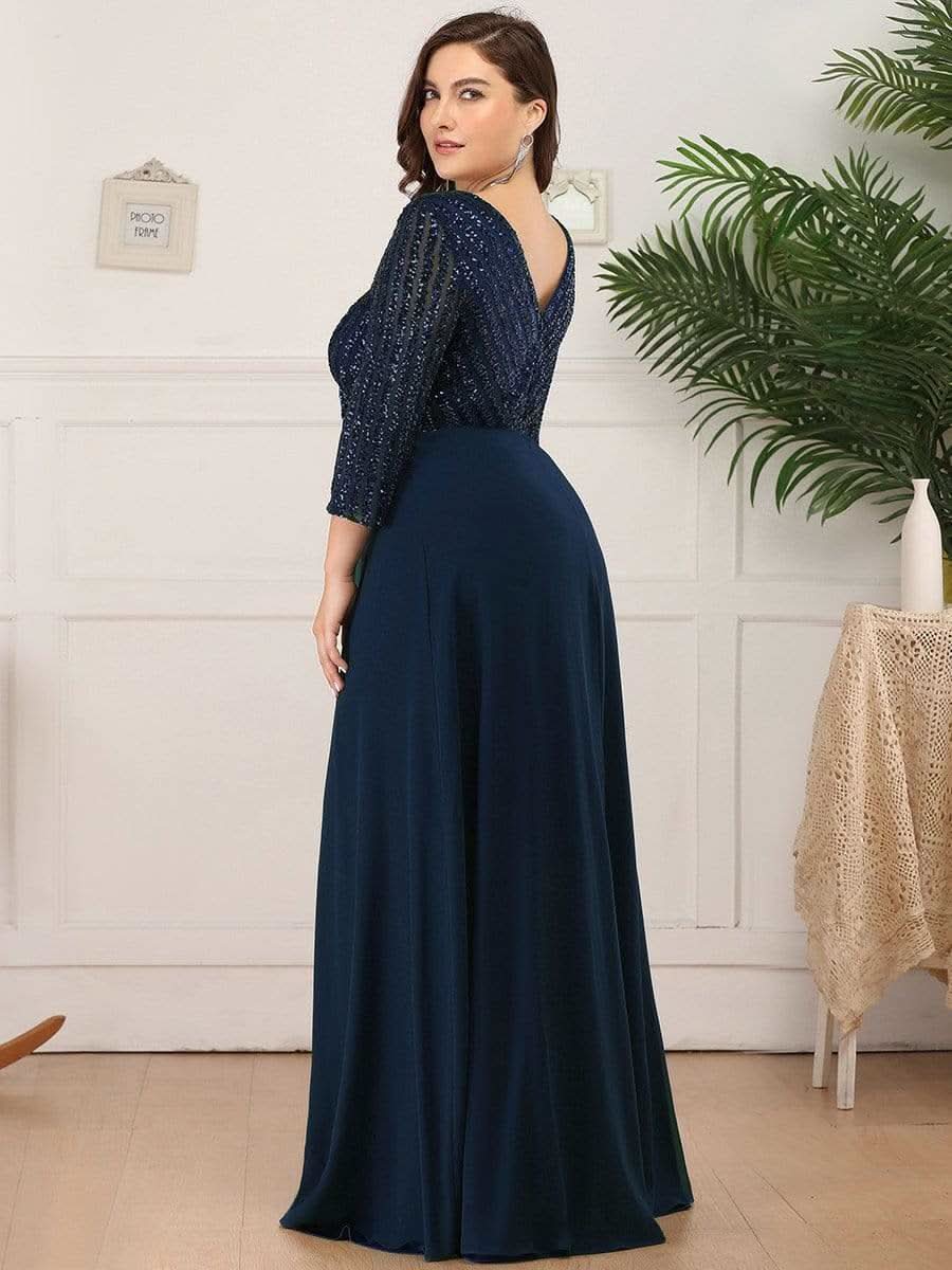 Color=Navy Blau | Sexy V-Ausschnitt A-Linie Pailletten Abendkleid-Navy Blau 6