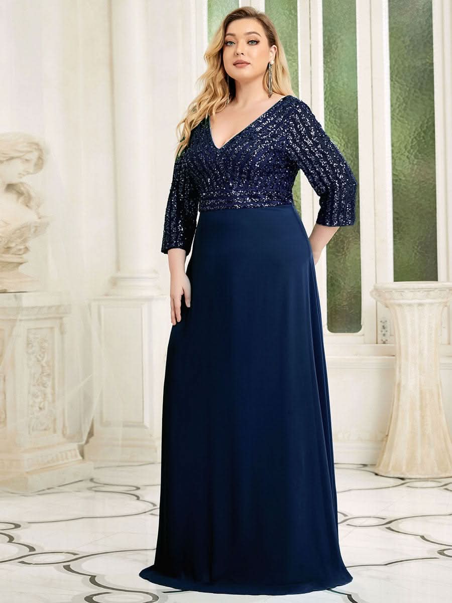 Color=Navy Blau | Plus Size Sexy V-Ausschnitt A-Linie Pailletten Abendkleid-Navy Blau 3