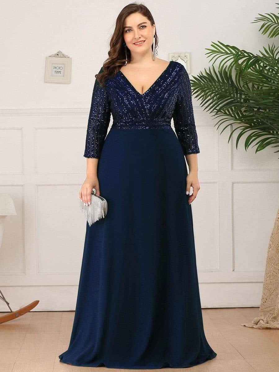 Color=Navy Blau | Sexy V-Ausschnitt A-Linie Pailletten Abendkleid-Navy Blau 5