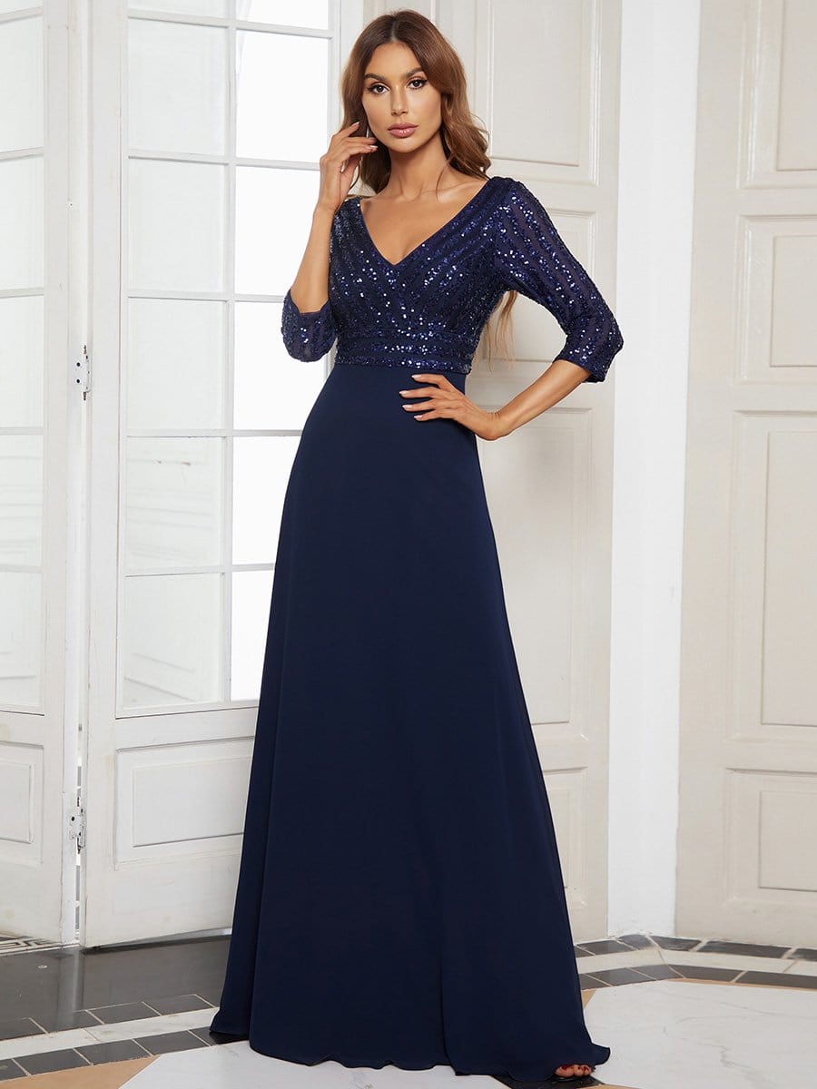 Größe Nach Maß Sexy V-Ausschnitt A-Linie Pailletten Abendkleid 00751 #farbe_Navy Blau