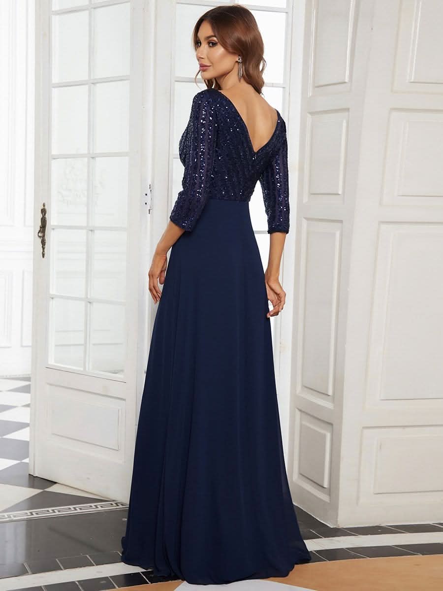 Color=Navy Blau | Sexy V-Ausschnitt A-Linie Pailletten Abendkleid-Navy Blau 2