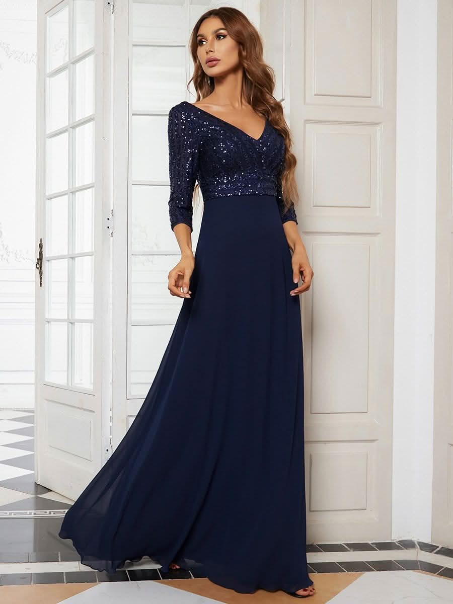 Color=Navy Blau | Sexy V-Ausschnitt A-Linie Pailletten Abendkleid-Navy Blau 3