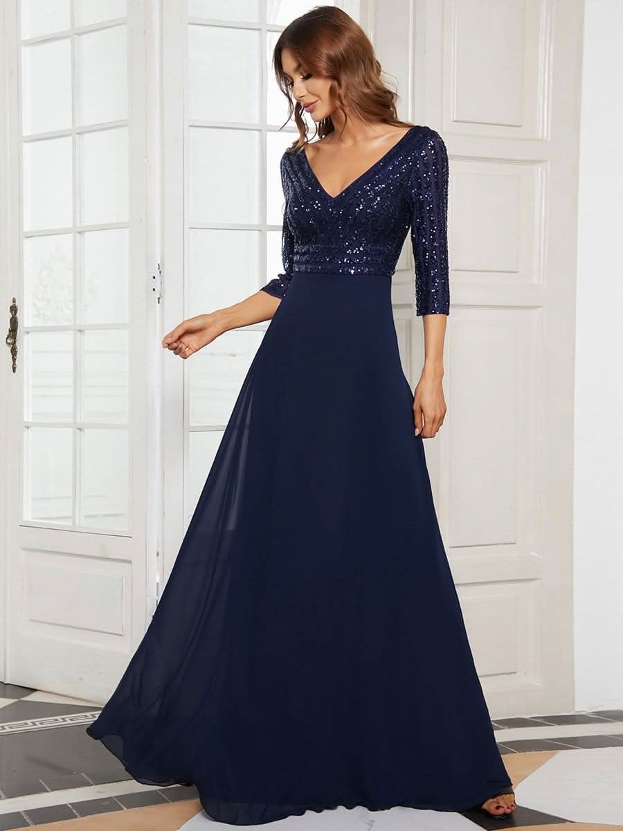 Color=Navy Blau | Sexy V-Ausschnitt A-Linie Pailletten Abendkleid-Navy Blau 4