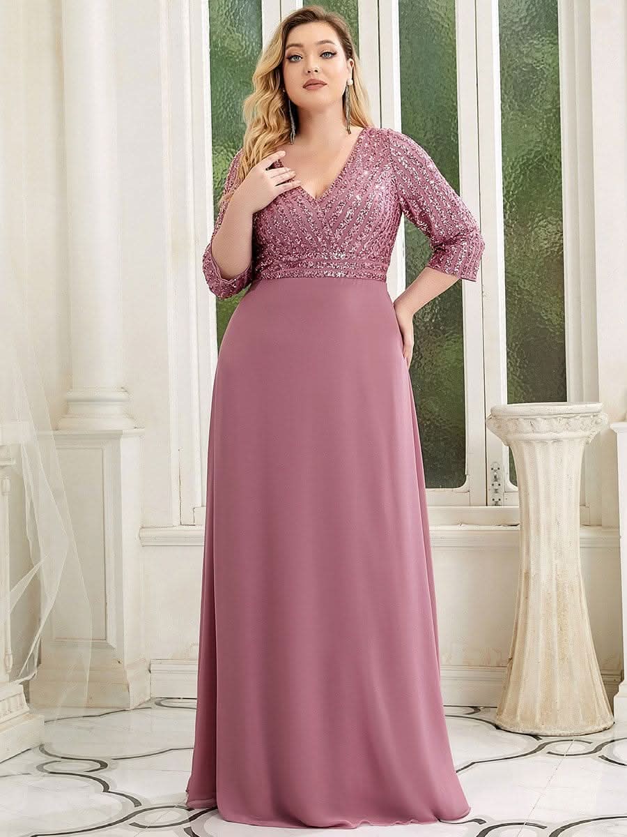 Color=Orchid | Plus Size Sexy V-Ausschnitt A-Linie Pailletten Abendkleid-Orchid 1