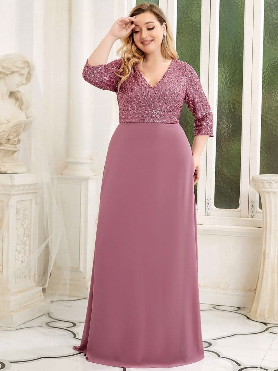 Color=Orchid | Plus Size Sexy V-Ausschnitt A-Linie Pailletten Abendkleid-Orchid 3