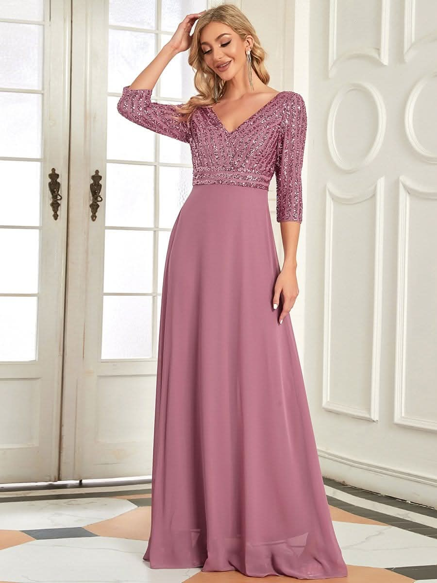 Größe Nach Maß Sexy V-Ausschnitt A-Linie Pailletten Abendkleid 00751 #farbe_Orchid