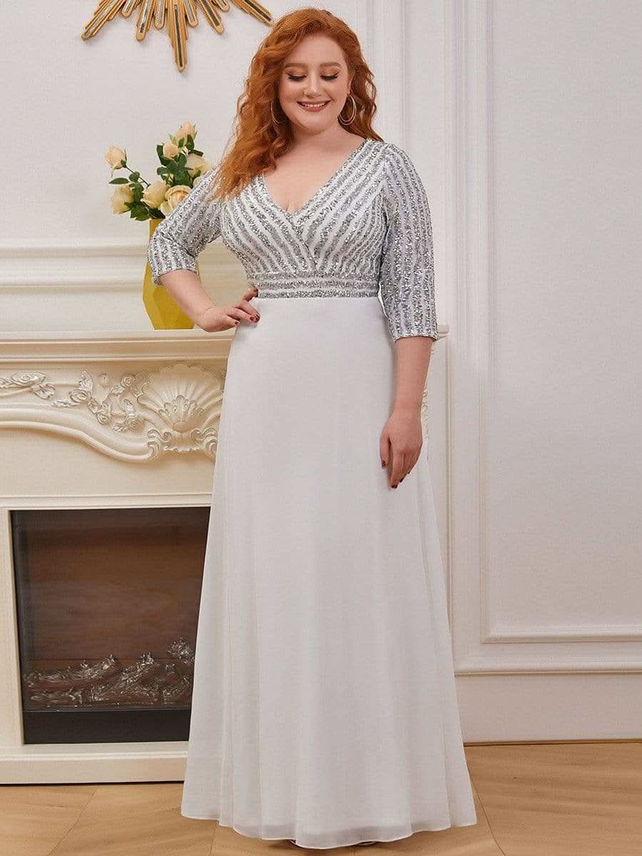 Color=Weiss | Plus Size Sexy V-Ausschnitt A-Linie Pailletten Abendkleid-Weiss 4