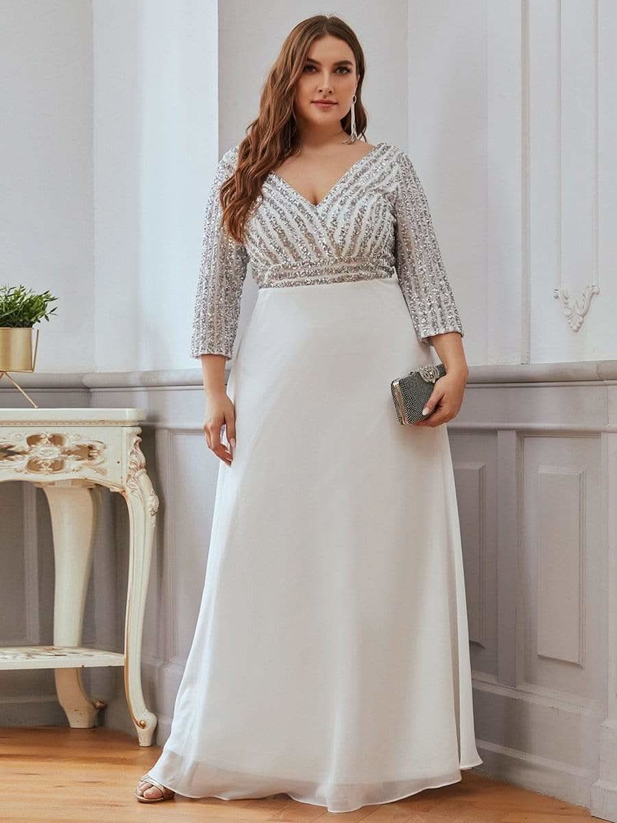 Color=Weiss | Plus Size Sexy V-Ausschnitt A-Linie Pailletten Abendkleid-Weiss 1