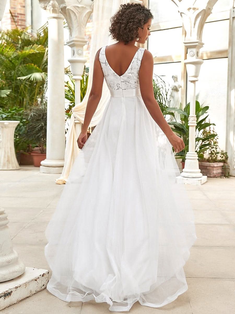 High-Low tiefes V-Ausschnitt Tüll Abendkleider mit Pailletten #Farbe_Cream