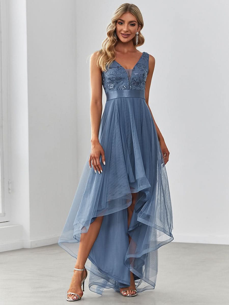 High-Low tiefes V-Ausschnitt Tüll Abendkleider mit Pailletten #Farbe_Dusty Navy