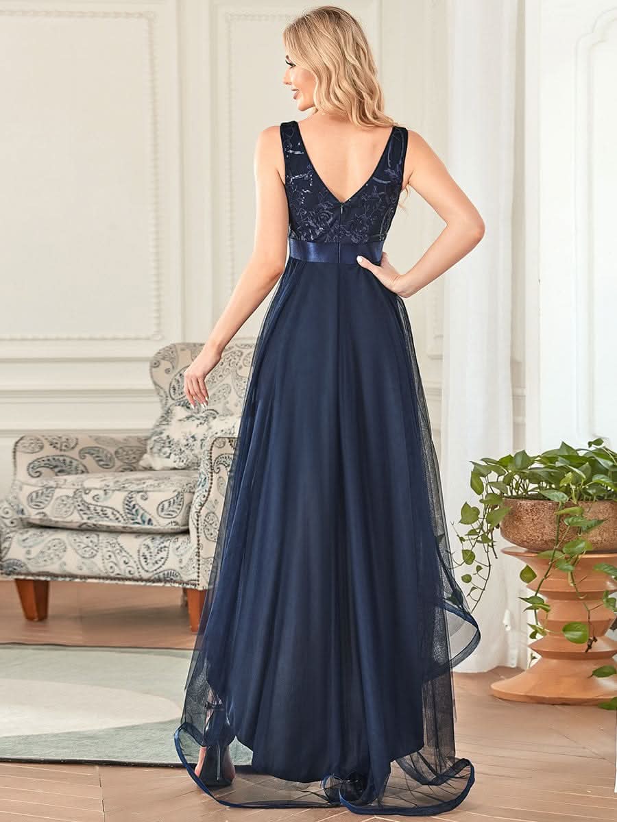 High-Low tiefes V-Ausschnitt Tüll Abendkleider mit Pailletten #Farbe_Navy Blau