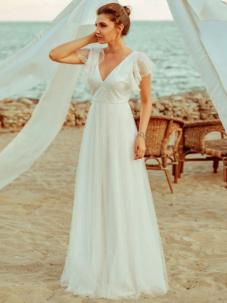 V-Ausschnitt Empire-Taille Blumenspitze Hochzeit Brautjungfernkleid#Farbe_Weiß